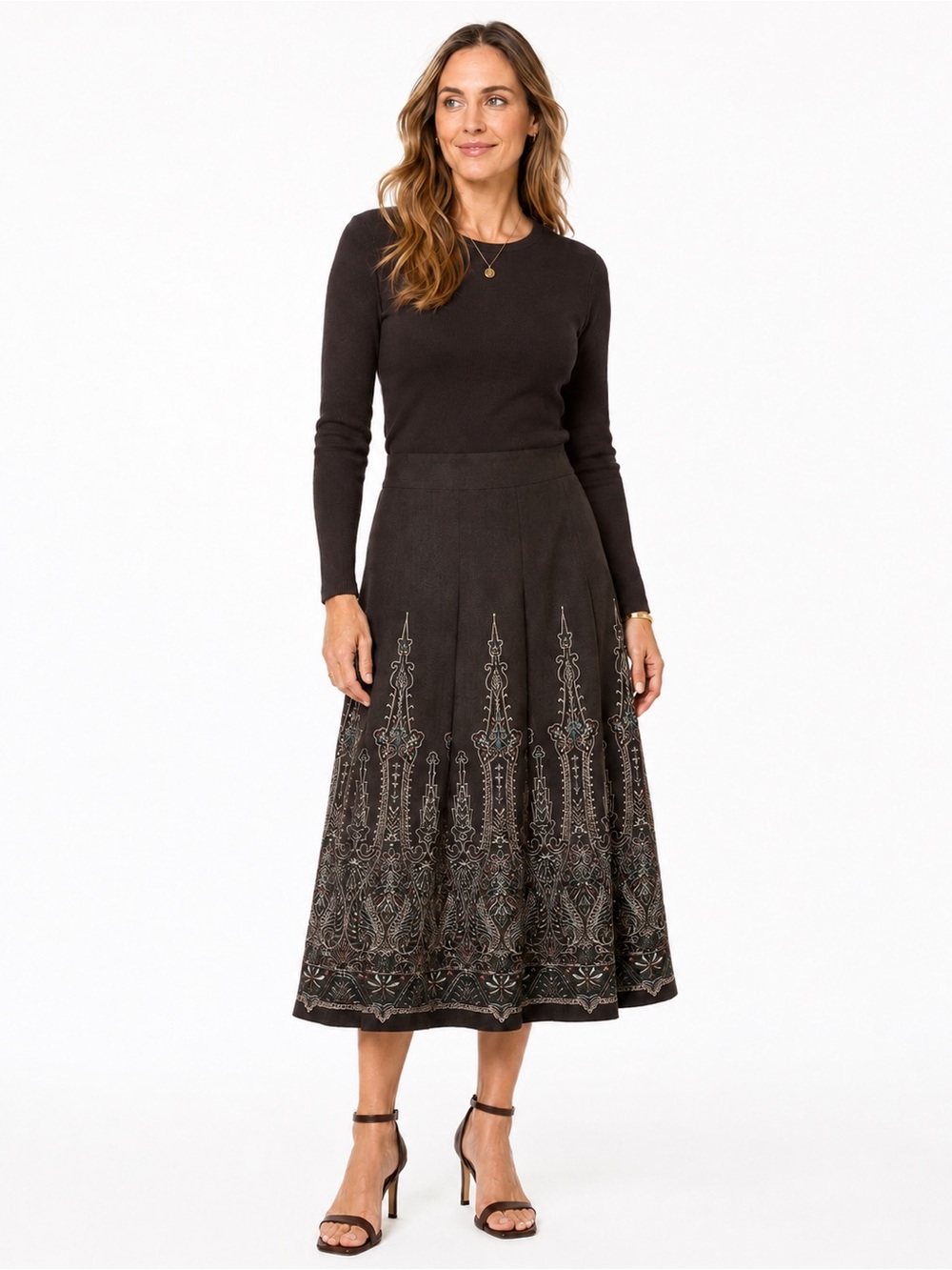 Ann Taylor LOFT Chocolate Brown Heavily Embroidered A-Line Boho Midi Skirt Sz 8